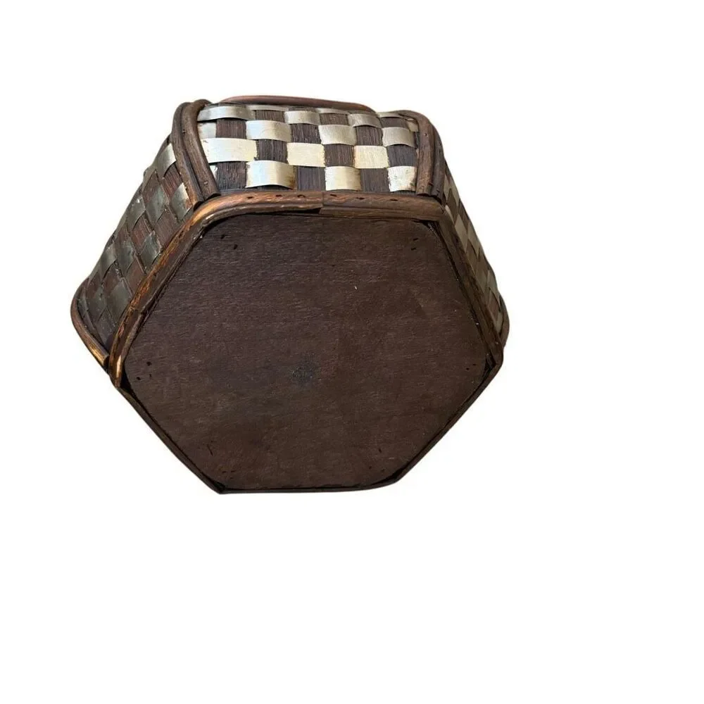 Vintage Bamboo Metal Inlay Decorative Storage Box – Handcrafted Hexagon Trinket
